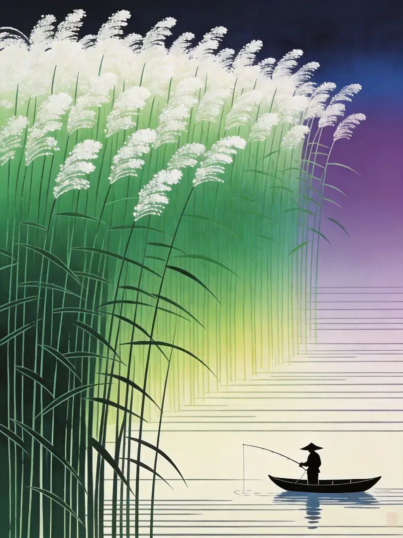 日本の浮世絵スタイルの風景イラストは、藪の中で釣りをする漁師の静かなシーンを描いています