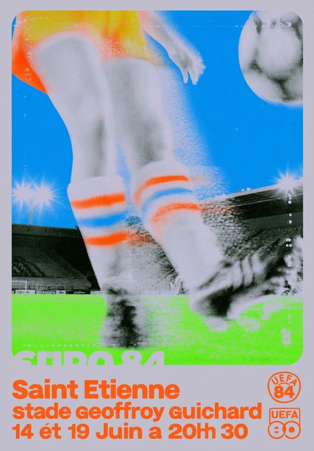 The Euro 84 poster features a player striking a soccer ball