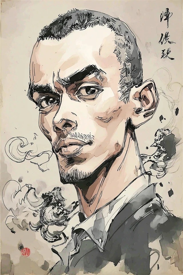 Ilustração em tinta com contornos pretos marcantes, tons sépia e cinza suaves, texturas de pinceladas fluidas, iluminação suave e difusa, e composição assimétrica com acentos caligráficos. Adequado para retratos editoriais, mídias de artes marciais, branding cultural e capas de romances gráficos.