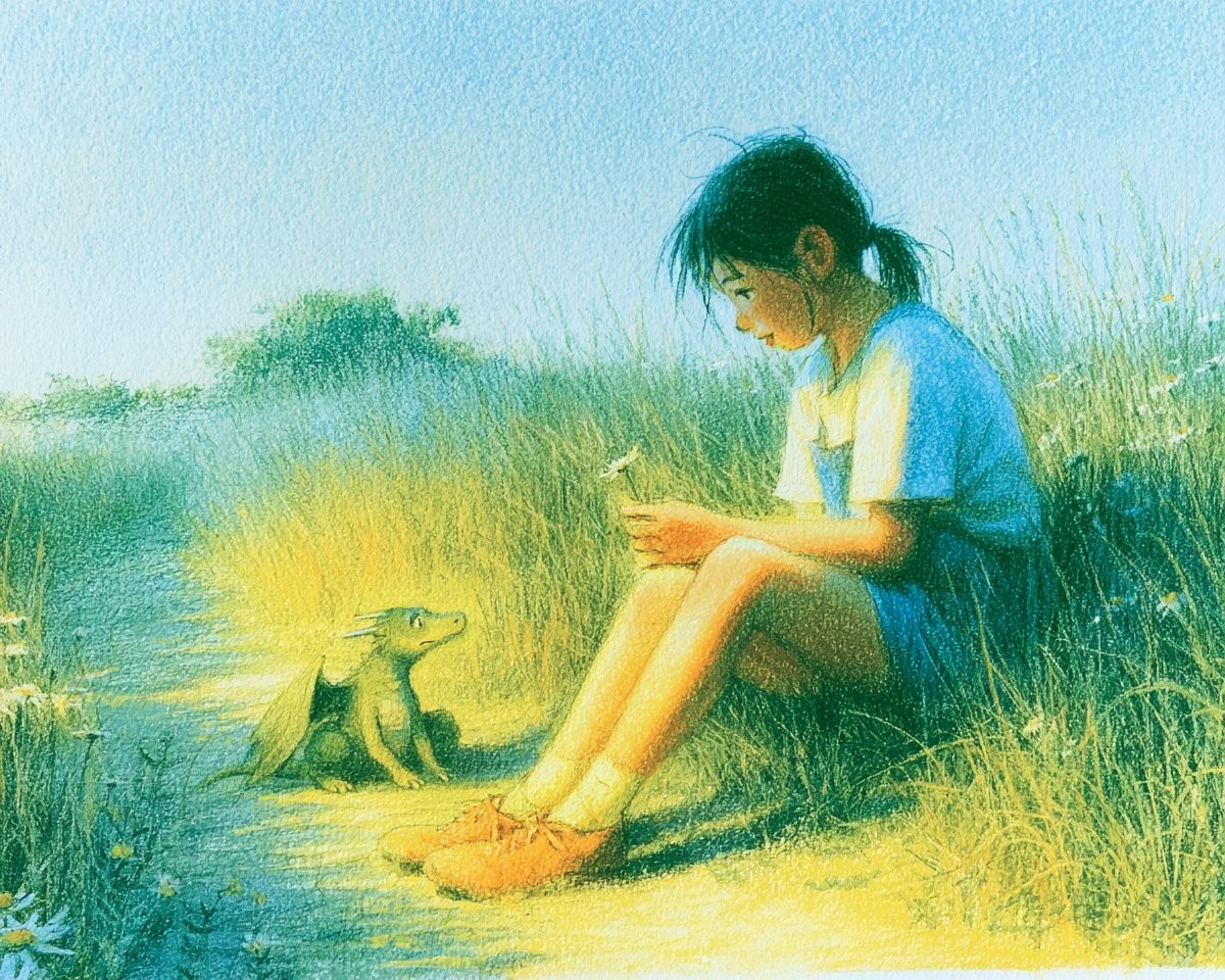 描绘了一个穿蓝色裙子的小女孩和她身边的小绿龙