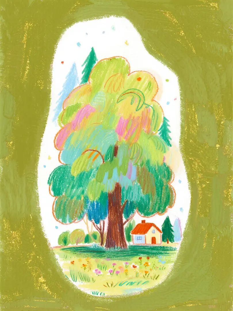L'illustration en ligne colorée montre des fleurs, des arbres et un petit village