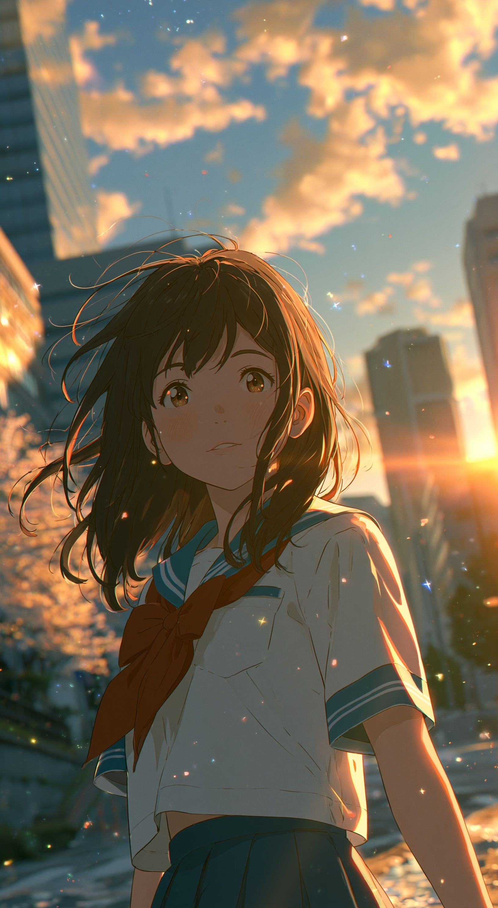 Una niña en uniforme de marinera japonesa está de pie en una calle de la ciudad con su cabello largo ondeando