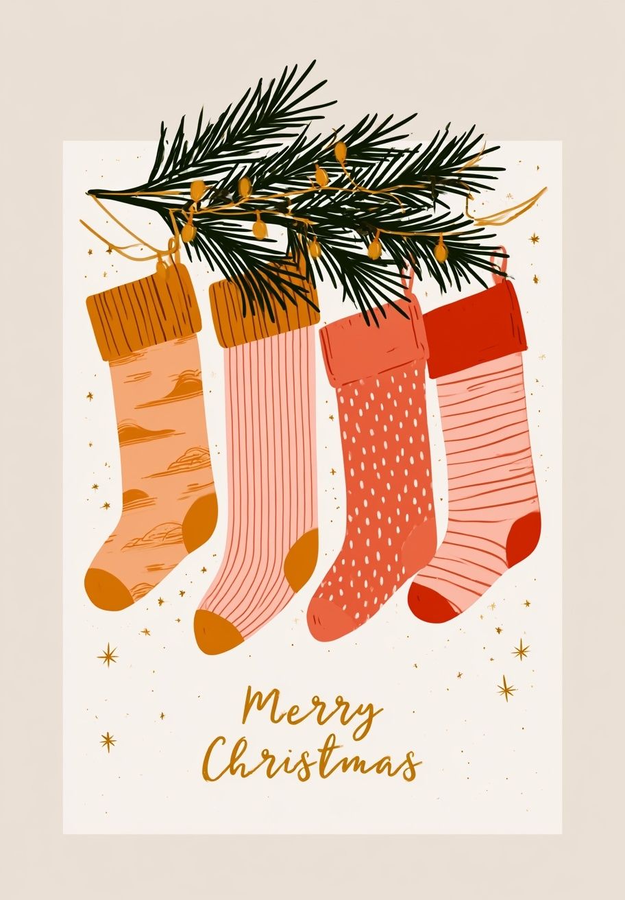 A modern and warm Christmas card decorated with golden lights and four different styled Christmas stockings