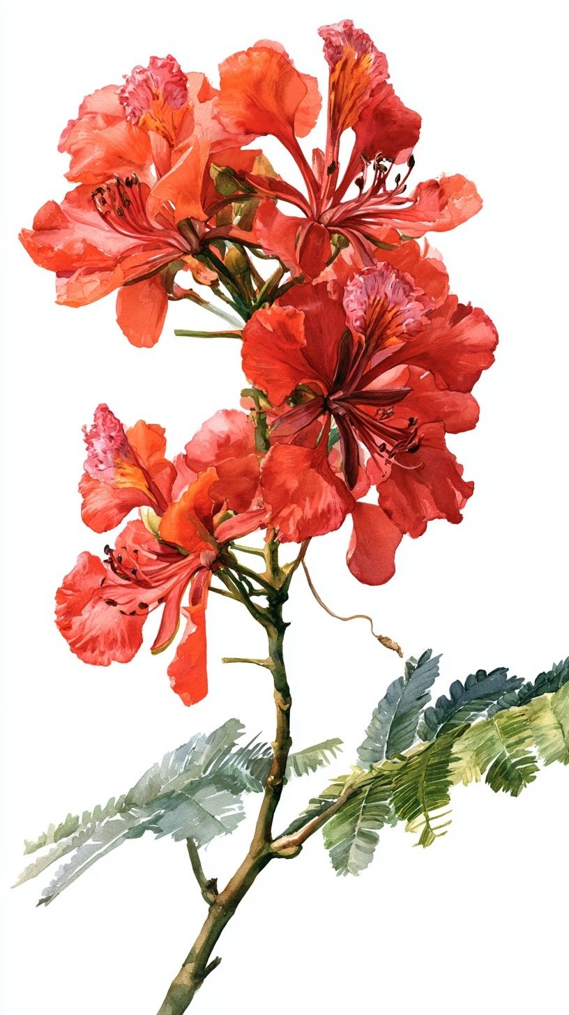 peinture à l'aquarelle d'une branche de Poinciana Royale