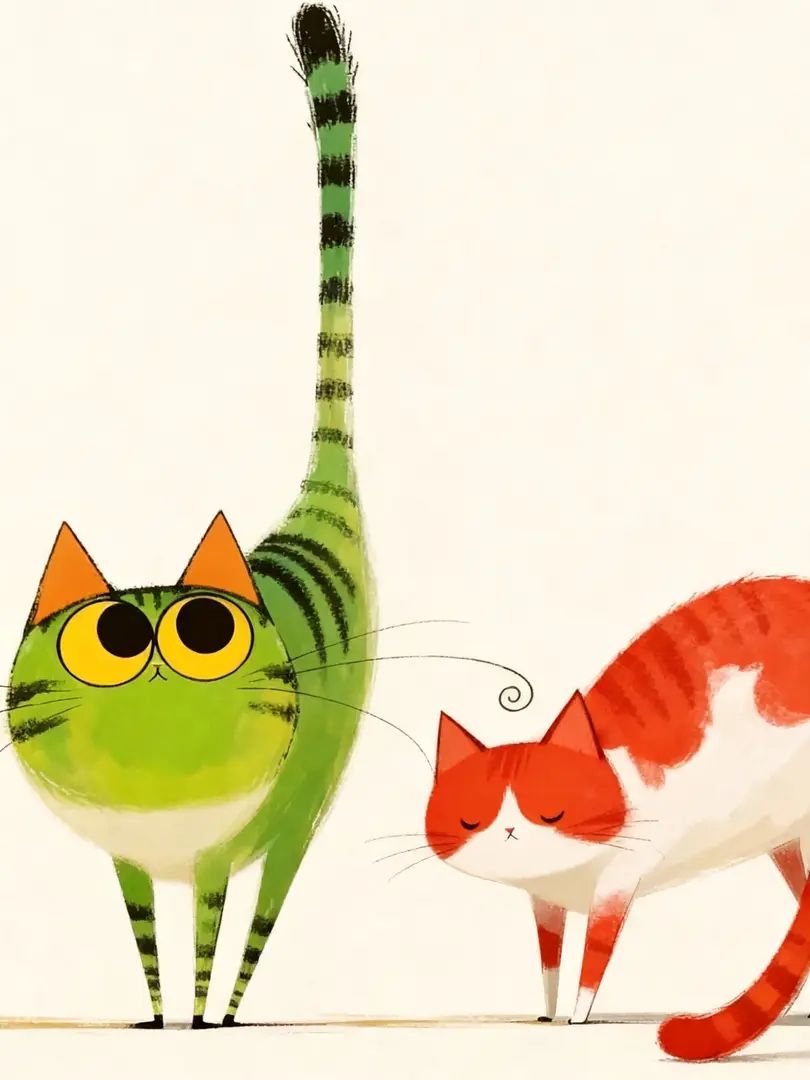 Un gato verde a rayas y un gato rojo y blanco