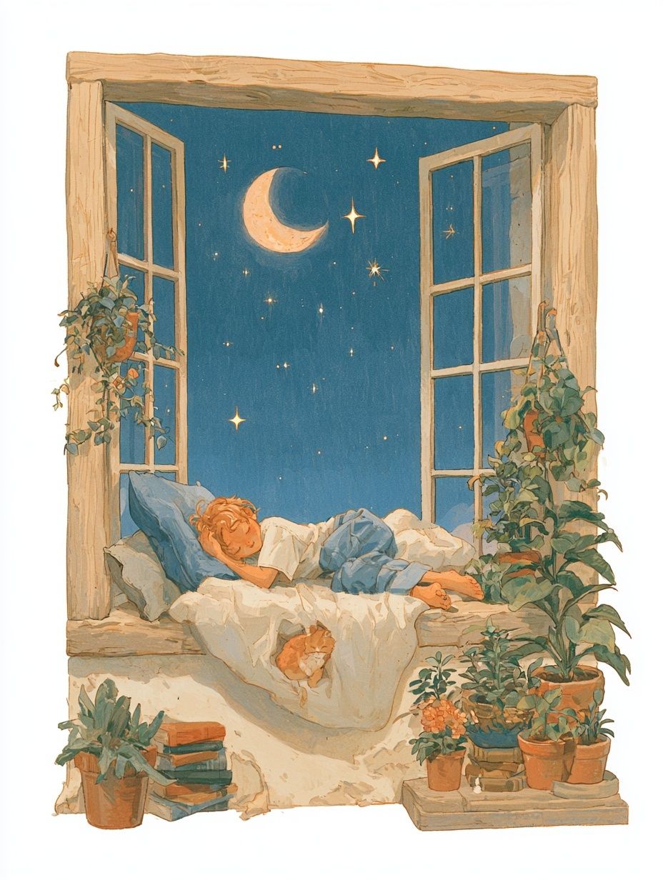 Cozy illustration of a window with the moon and shining stars outside