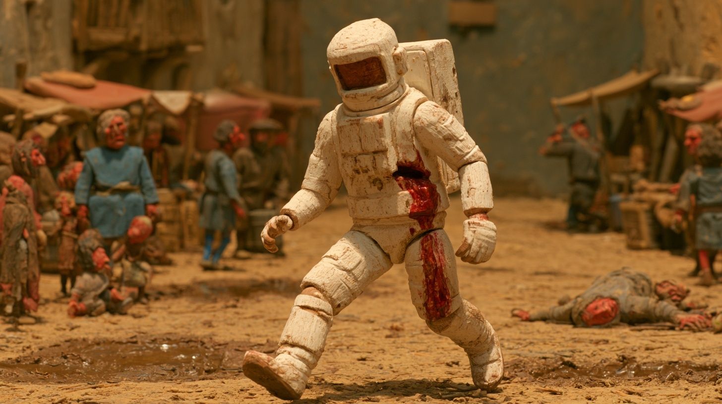 Eine verwundete Astronauten-Puppe humpelt durch eine matschige mittelalterliche Straße
