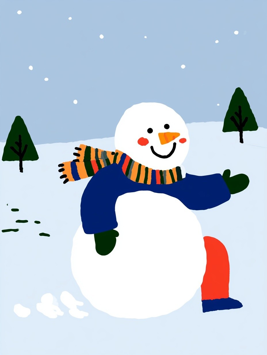 A cute snowman is crouching slightly while rolling a giant snowball with a happy expression