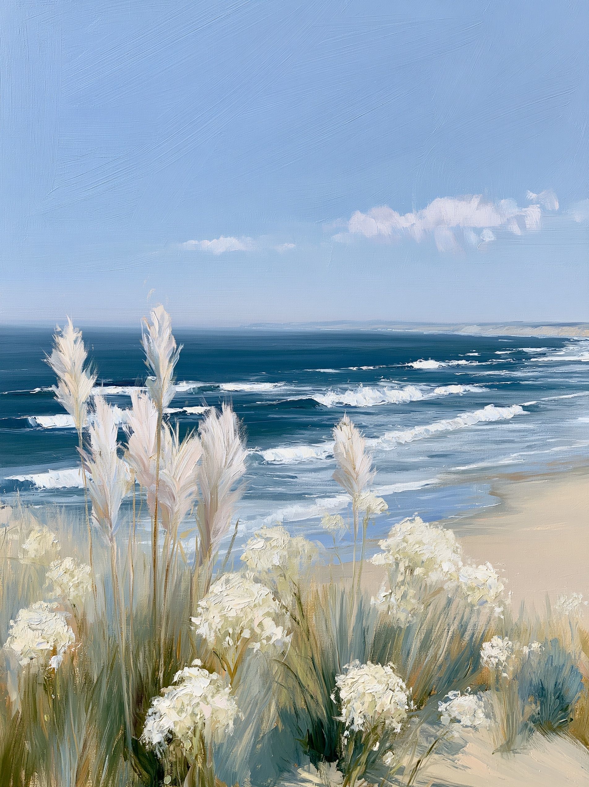 A pintura apresenta flores silvestres brancas e pampas em uma praia de areia com um oceano dinâmico e um céu azul claro