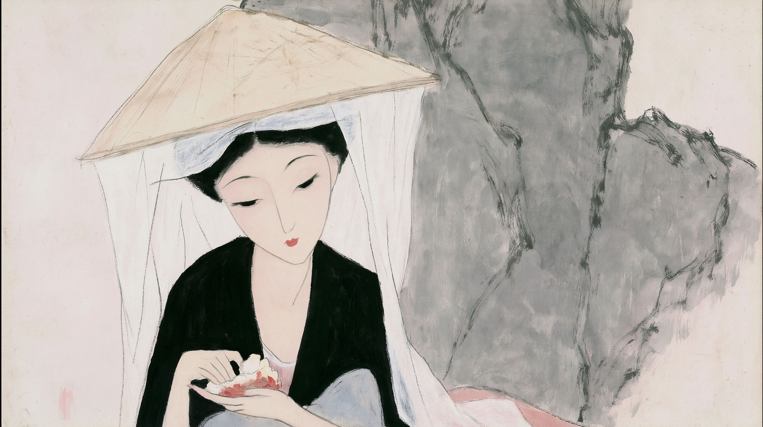 تجسد اللوحة امرأة صينية هادئة تحمل طعامًا