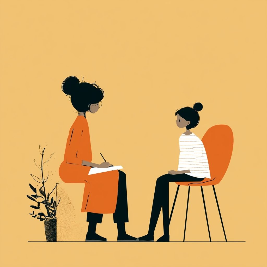 Ilustración de un maestro hablando con un estudiante para una presentación profesional sobre cómo los padres apoyan a sus hijos con preguntas de investigación