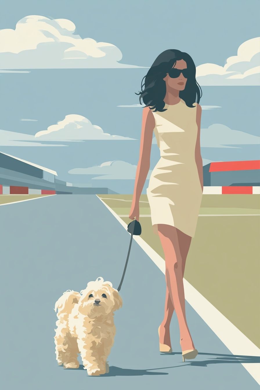 A white woman in her 60s is walking on an F1 motorsport track with a maltipoo dog