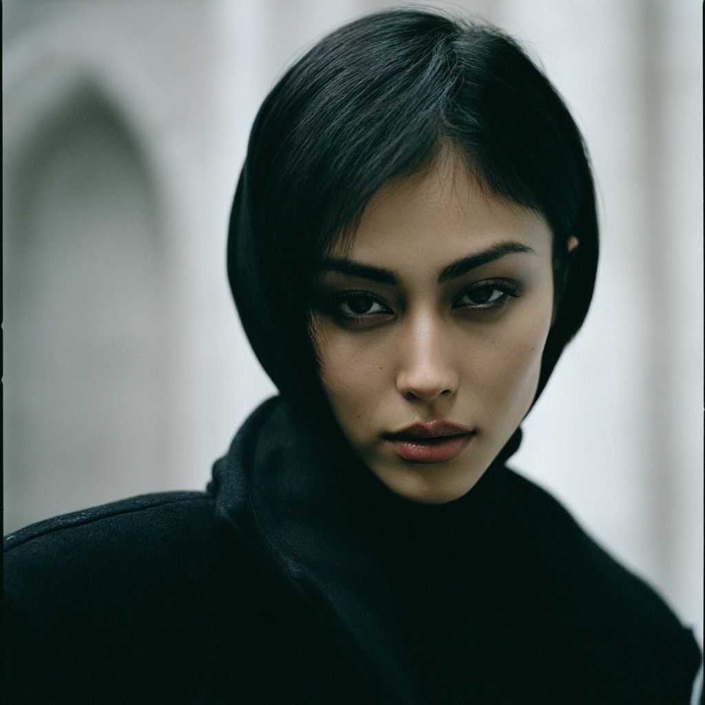 一位东亚美学的美丽欧亚女模特，穿着超大号黑色设计师外套，展现出冷漠而迷人的目光