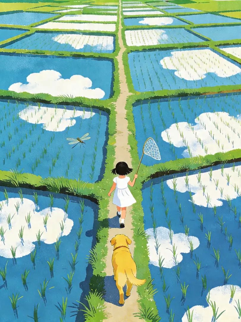 Una ilustración de una niña con un vestido blanco atrapando libélulas con un perro en un arrozal