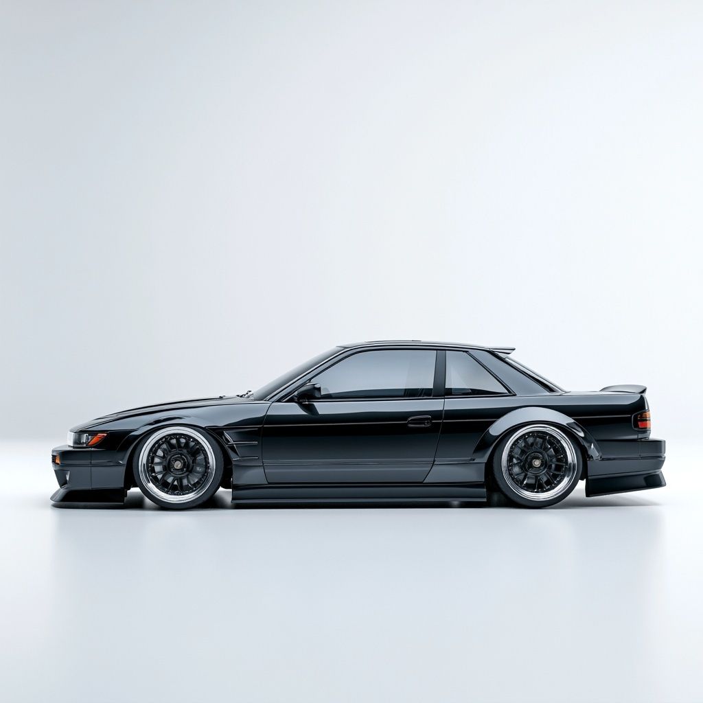 Professionelle Automobilrendervorstellung eines schwarzen Nissan Silvia S13