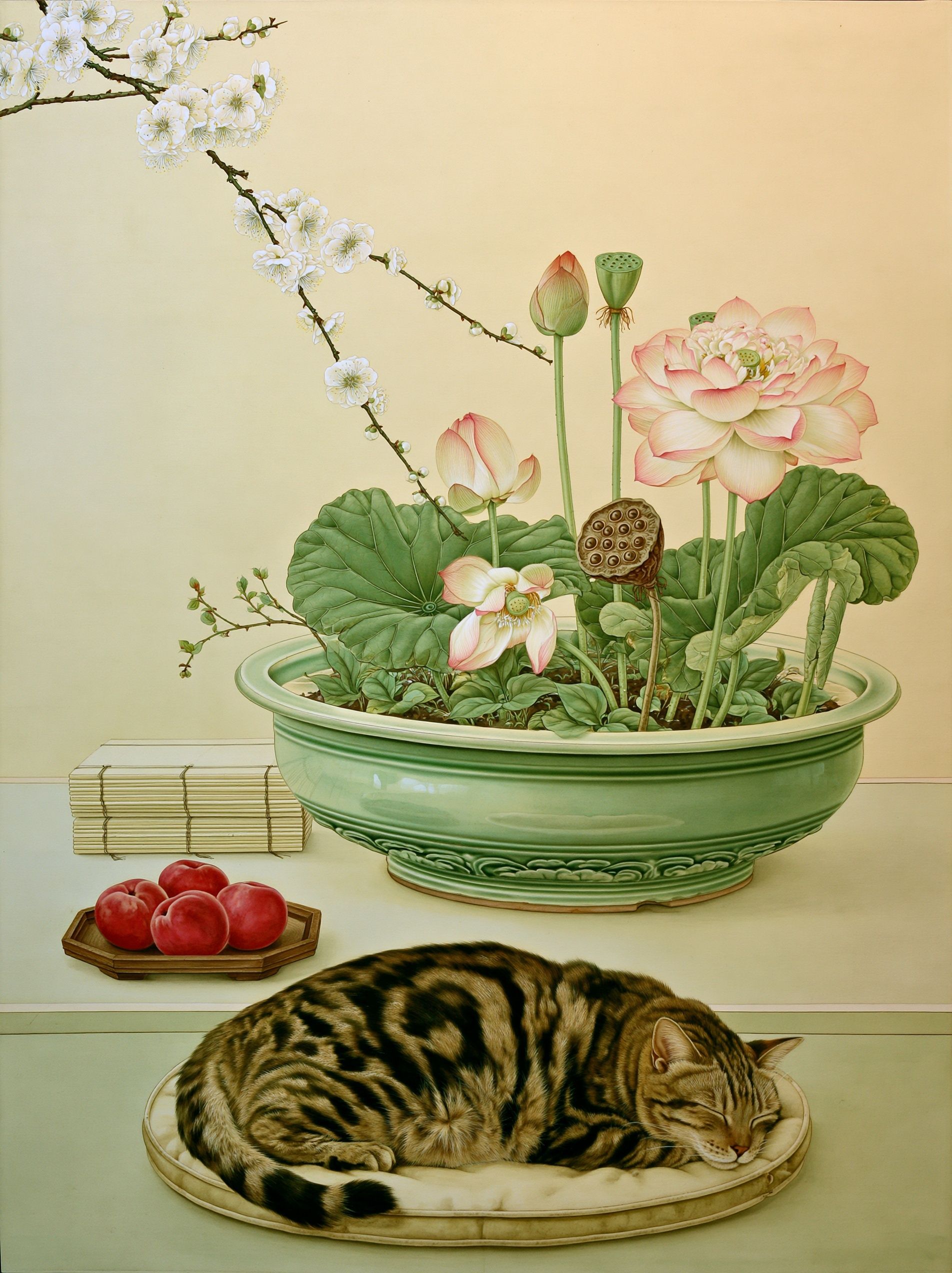This contemporary Korean minhwa painting features a vertical composition with a warm ivory hanji paper background, showcasing a white lotus basin and naturally growing lotus flowers with ample empty space