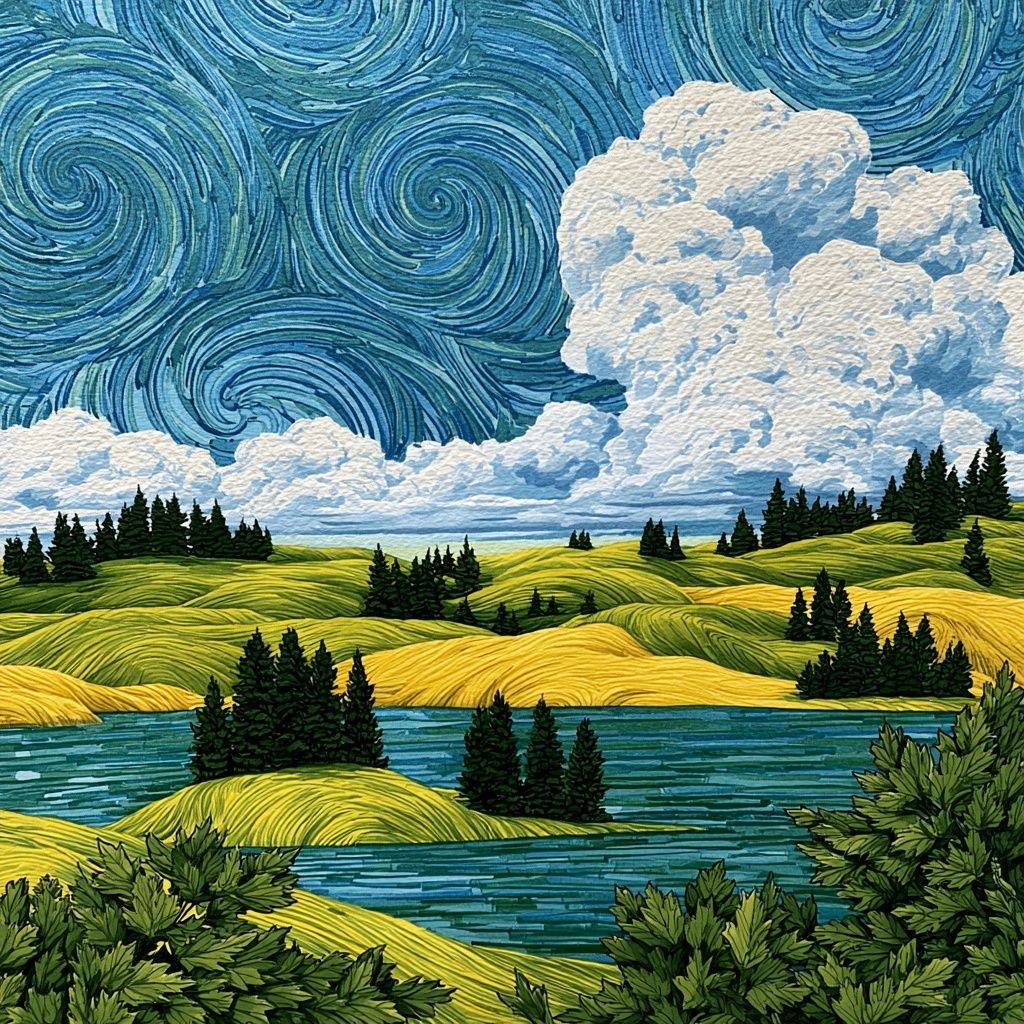 A nature scene featuring a bright sky with swirling blue and white patterns, rolling green and yellow hills, and scattered trees