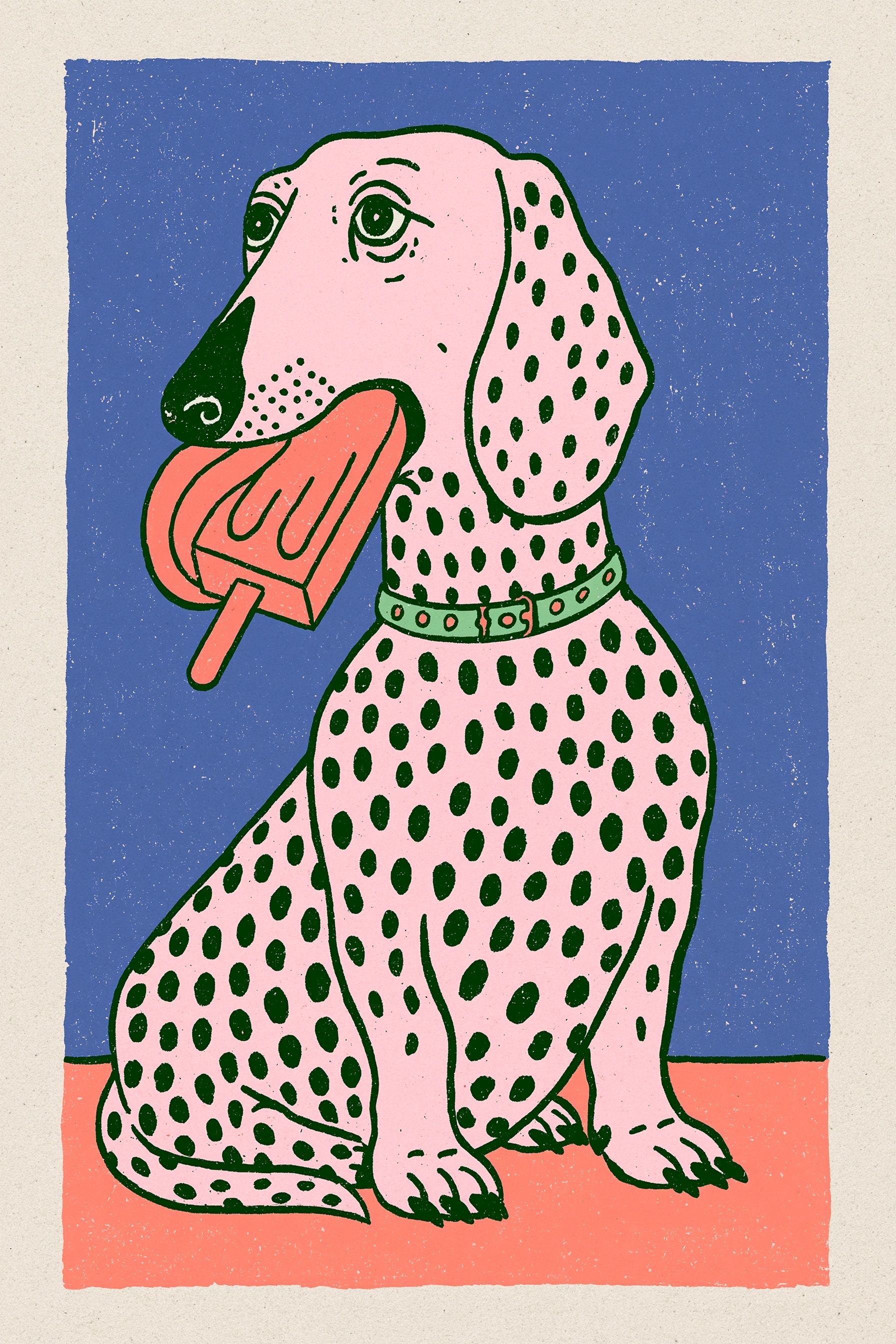 現代のイラスト、ダックスフントがアイスキャンディの棒を舐めている絵