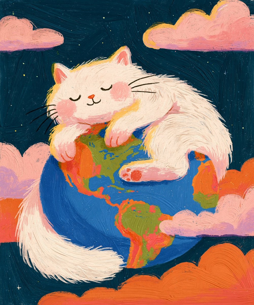 Eine weiße Katze umarmt die Erde vor einem sternenklaren Himmel und Zuckerwattewolken