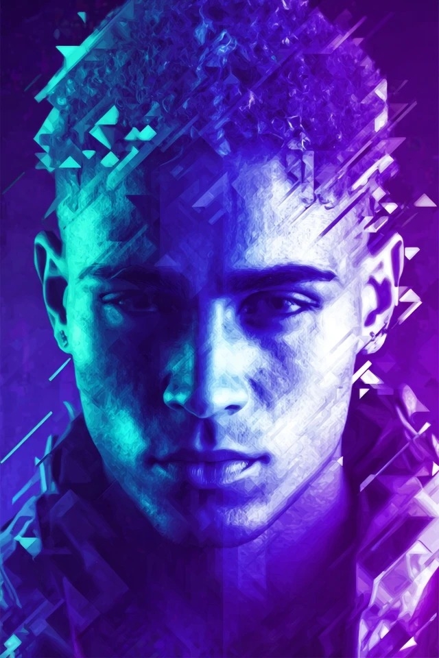Portrait numérique géométrique en violet-cyan néon