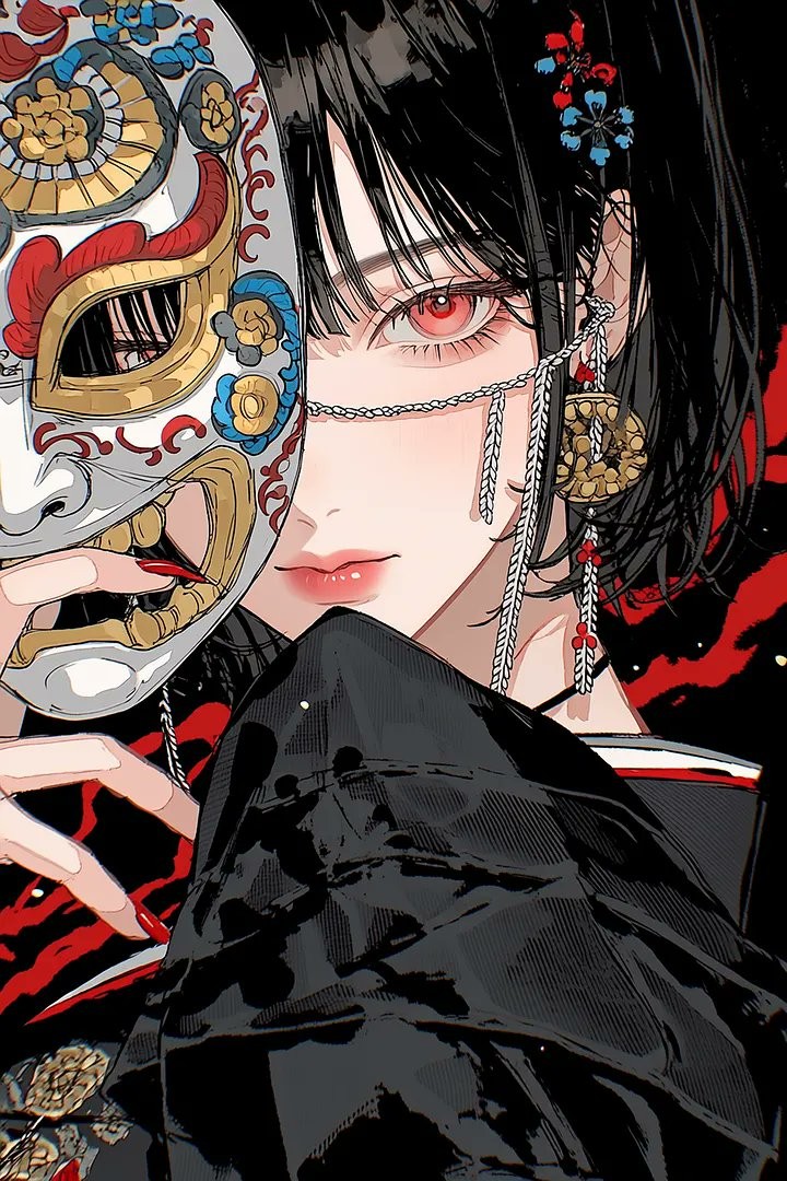 An anime illustration of a mysterious woman with black hair and red eyes partially obscured by an ornate Noh mask