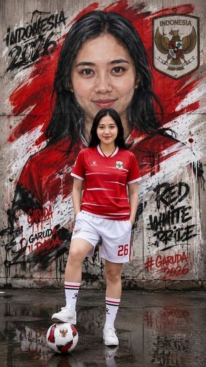 Una joven jugadora de fútbol se presenta con confianza en la camiseta roja de Indonesia sobre un pavimento mojado