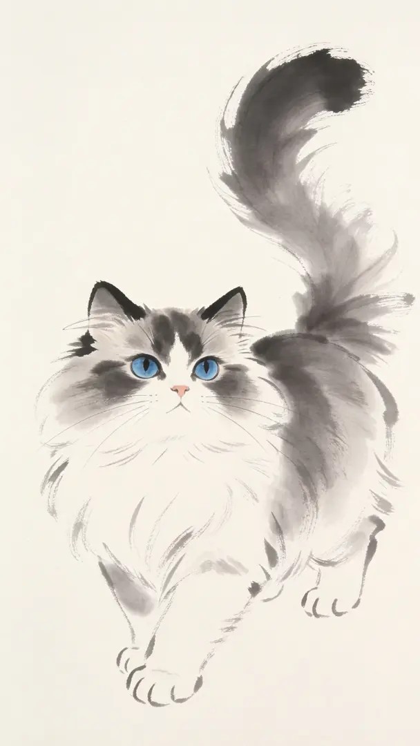 Minimalistische Tuschezeichnung einer blauäugigen Perserkatze