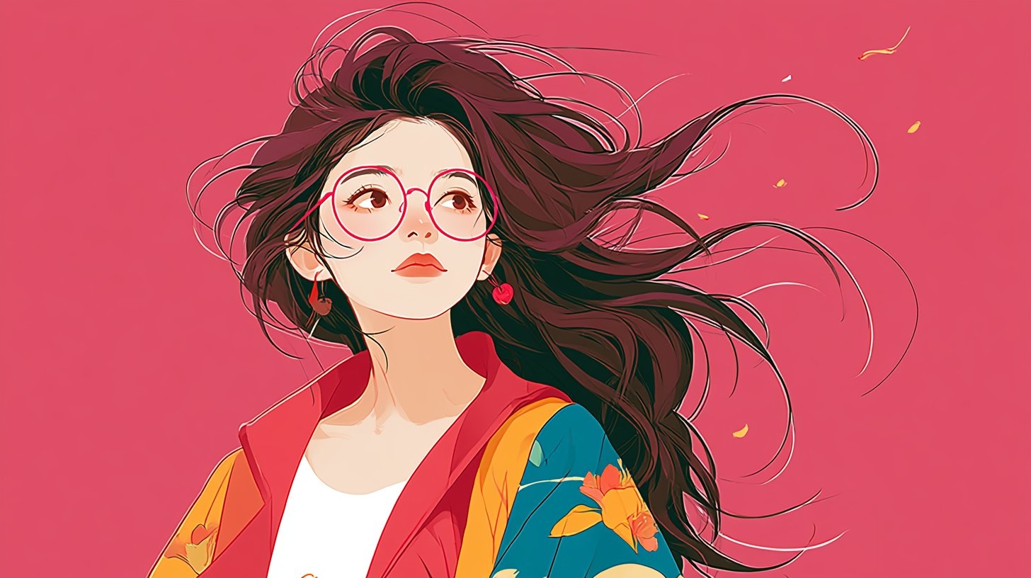 Una joven con chaqueta de bloques de colores se encuentra frente a un fondo de frambuesa en una ilustración moderna