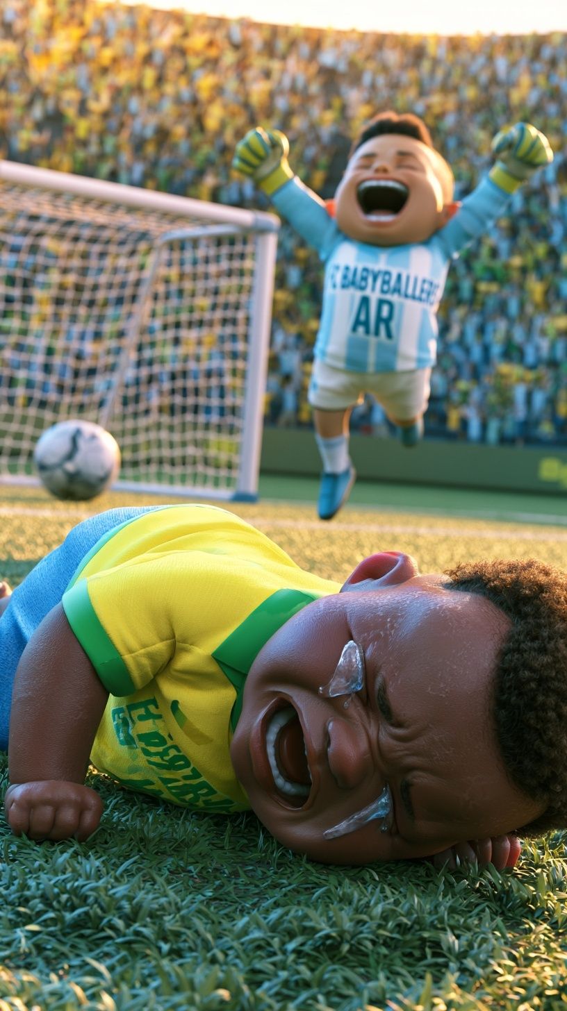 Two adorable baby football players in a packed stadium, one crying and the other celebrating