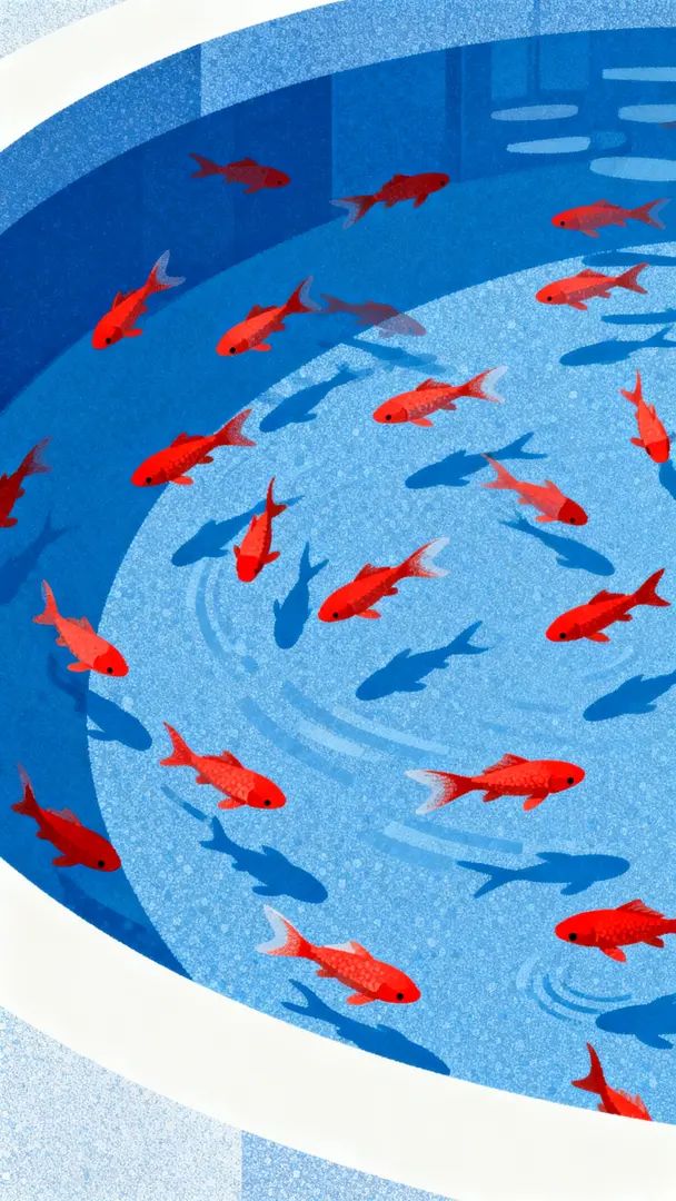 Ein Teich mit vielen roten Goldfischen, die entspannt vor einem blauen Hintergrund schwimmen