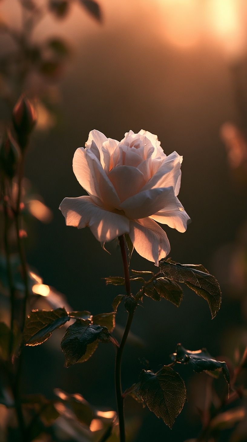 夕焼けの中で咲く一輪のバラ、花びら越しに輝く金色の光、希望と人間性の象徴