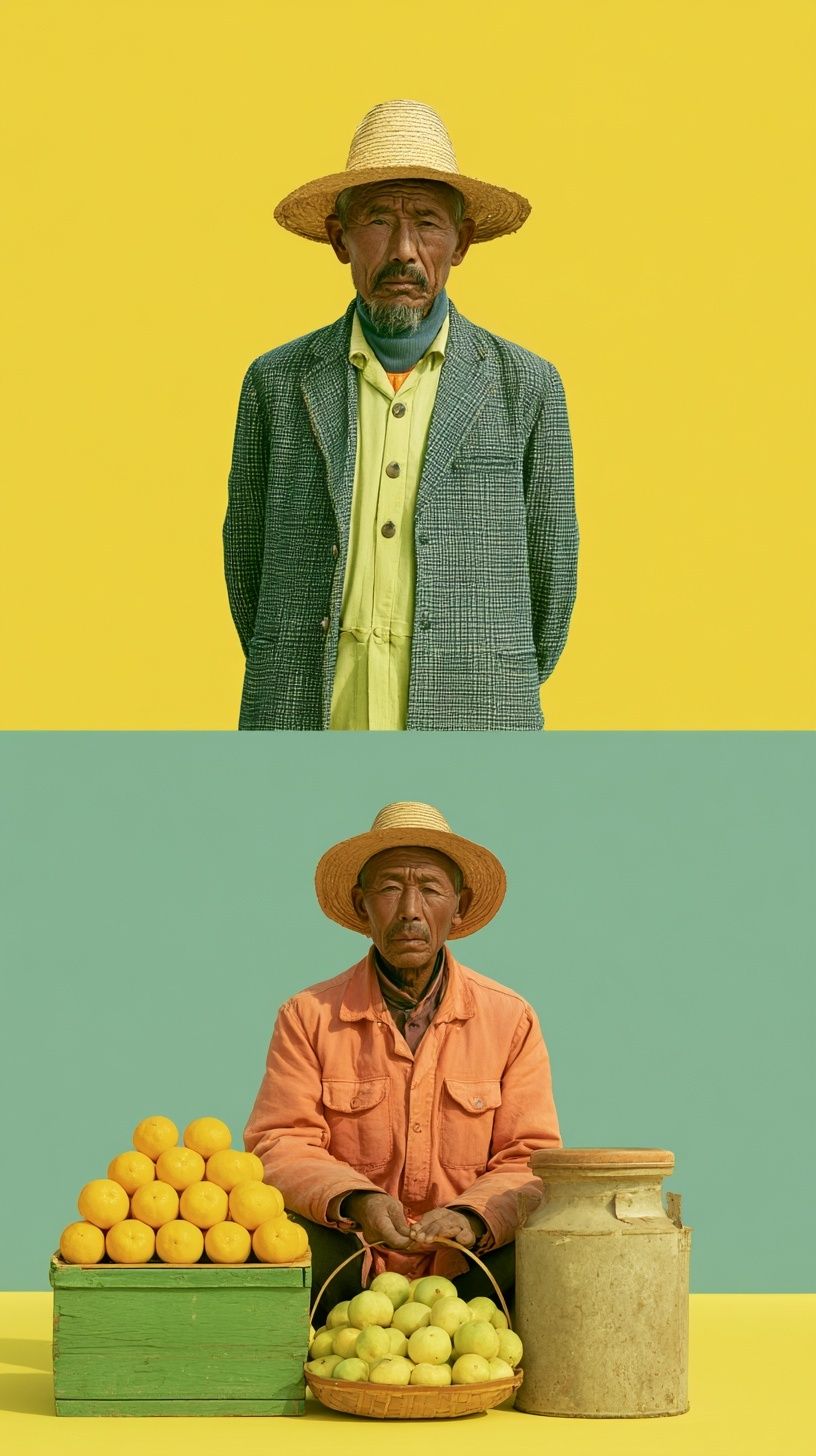 A farmer from Northeast China with Wes Anderson style aesthetics