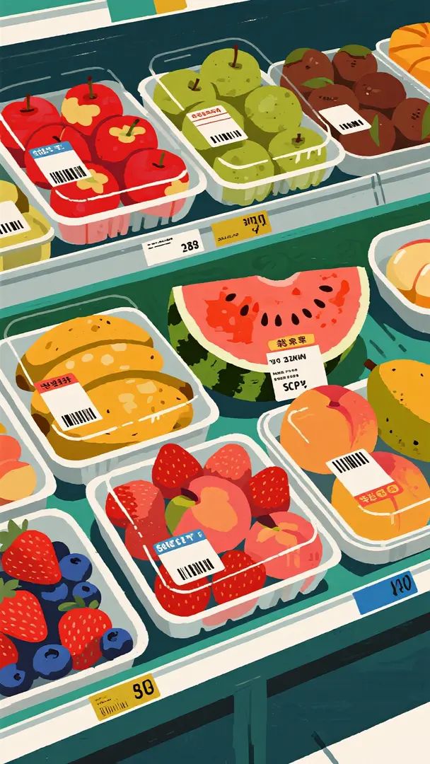 The illustration in Musashiro Ryo's style showcases a fresh tray filled with Western apples and watermelons