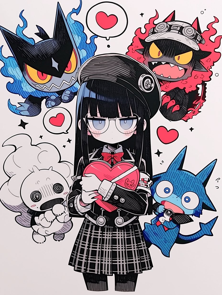 A chibi girl with black hair hugs a big pink heart-shaped box surrounded by strange creatures