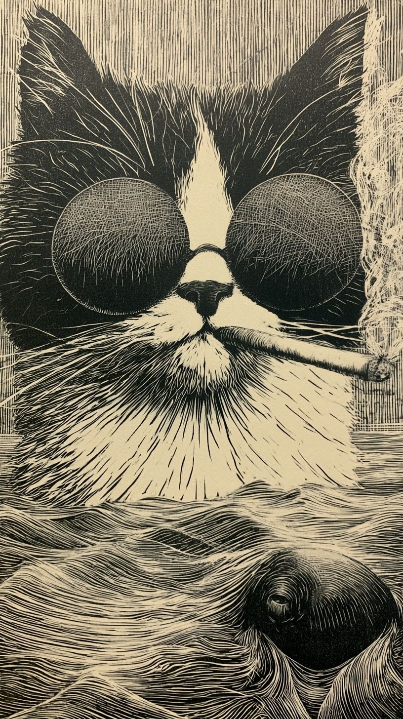 A black and white cat's head emerges from wavy water, wearing sunglasses and holding a cigarette, with a small creature nearby