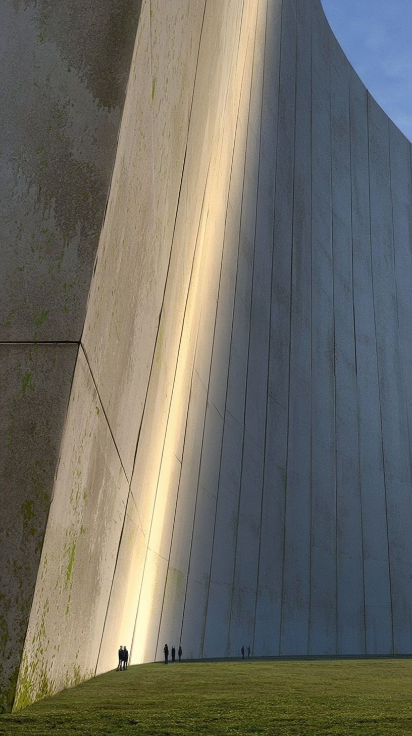 depicts a towering bone-colored concrete wall and tiny figures