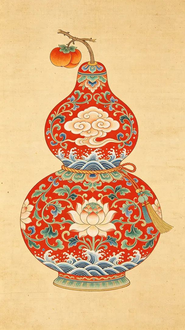 This Song Dynasty meticulous painting features an exaggerated red gourd shape with light red base, adorned with rich patterns of clouds, waves, vines, and lotus