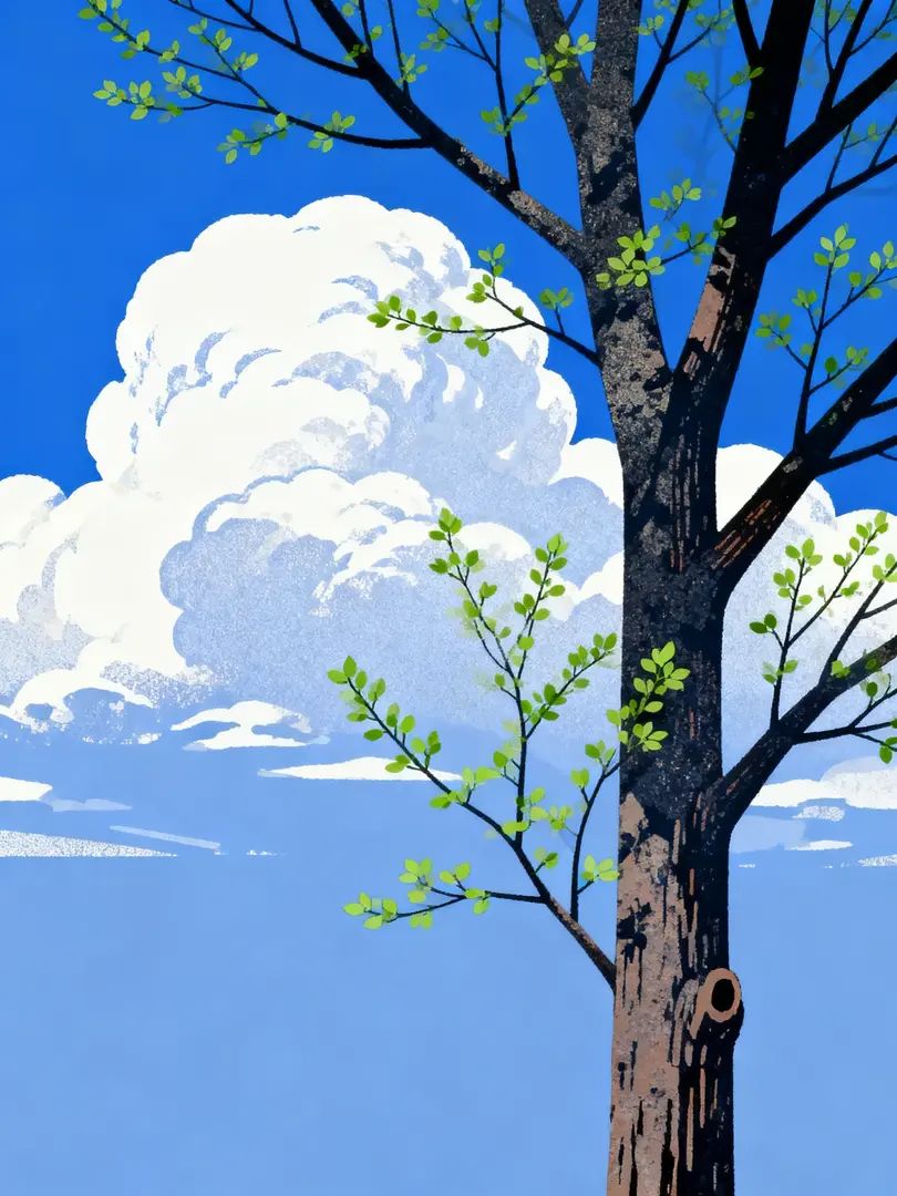 La ilustración muestra la escena de un gran árbol brotando en primavera