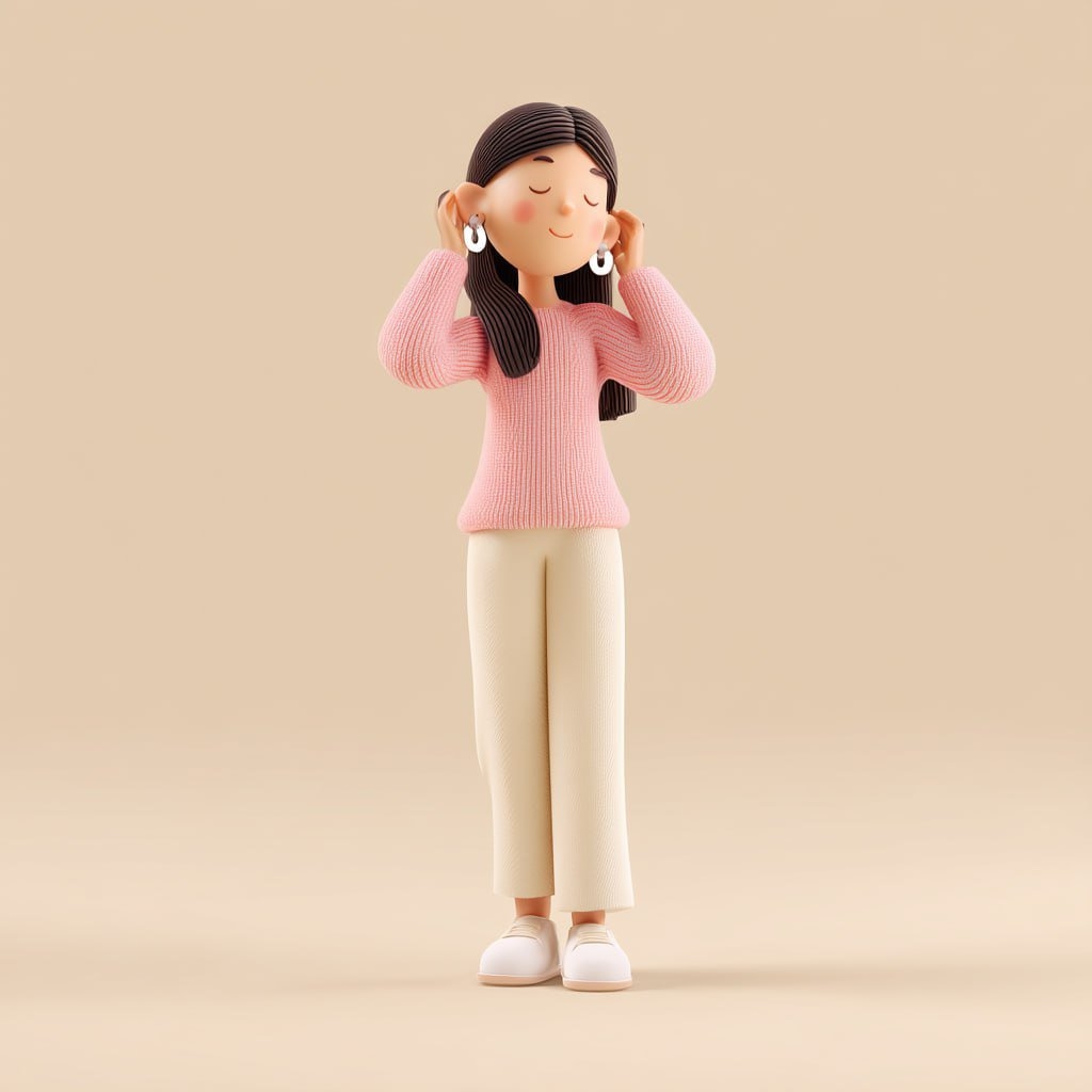 一个极简风格的3D女性角色，正调整耳机，展现现代健康文化