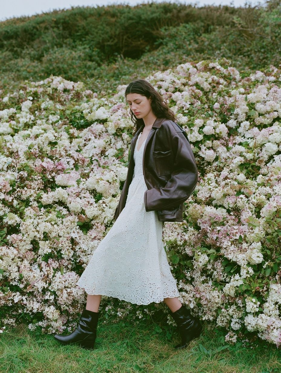 Ein junges, schlankes Model in einem weißen Kleid und einer dunkelbraunen Jacke geht zwischen Hortensienbüschen