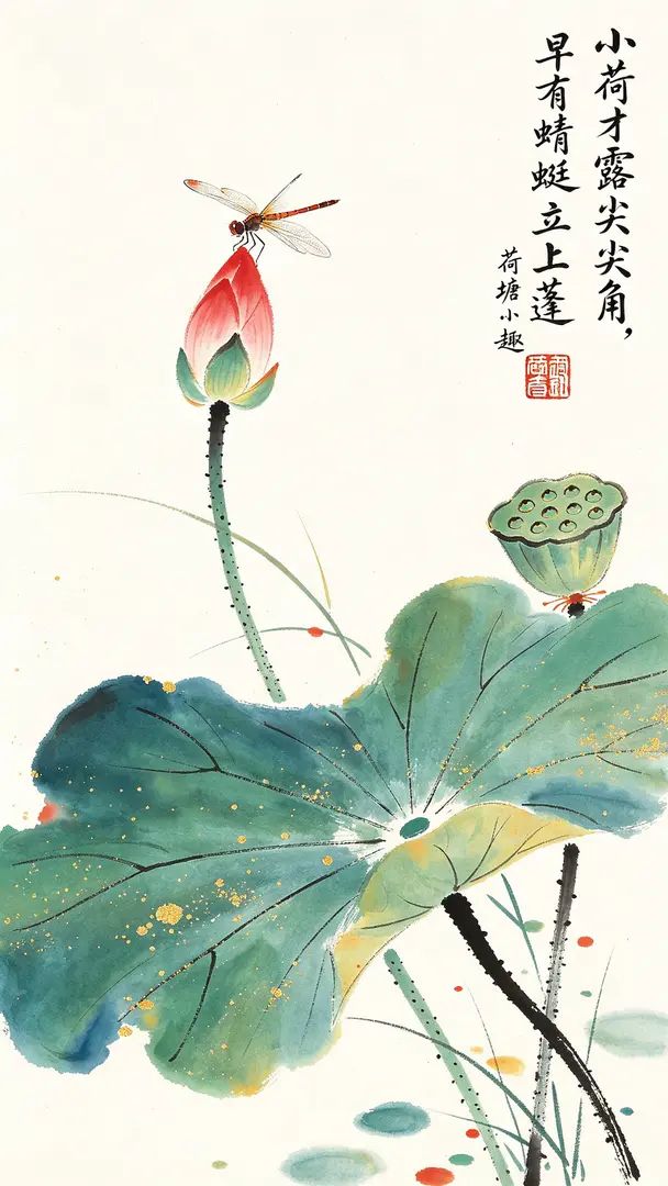 Una pintura china meticulosa de Wu Guanzhong que representa la esencia tranquila de un pequeño loto y una libélula