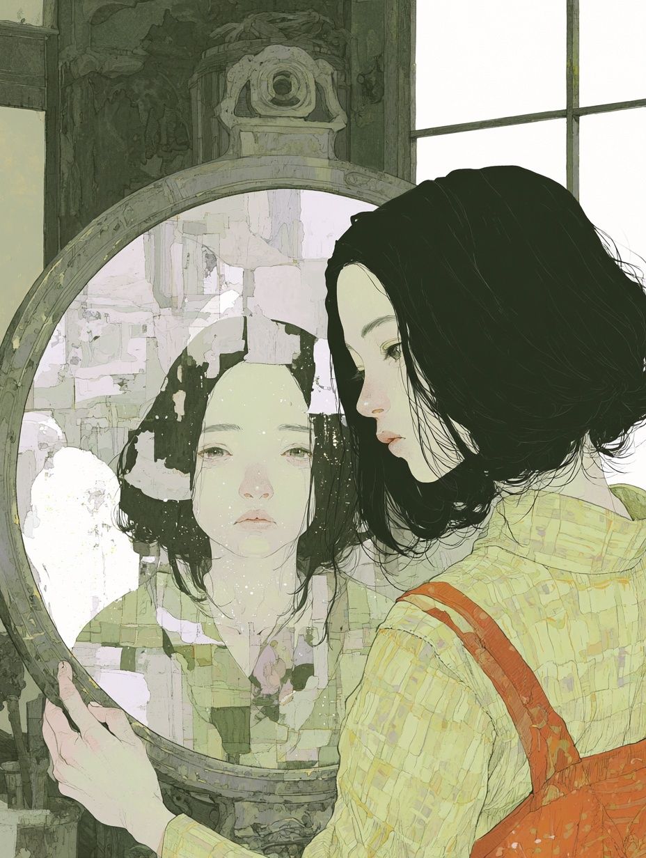 일본 전설의 거울 연못을 그린 우울한 일러스트, 젊은 소녀가 오래된 거울을 들고 거울에는 어머니의 모습이 비친다