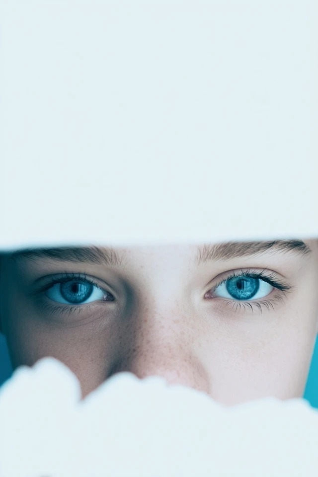 Cool-toned, soft focus, negative space framing