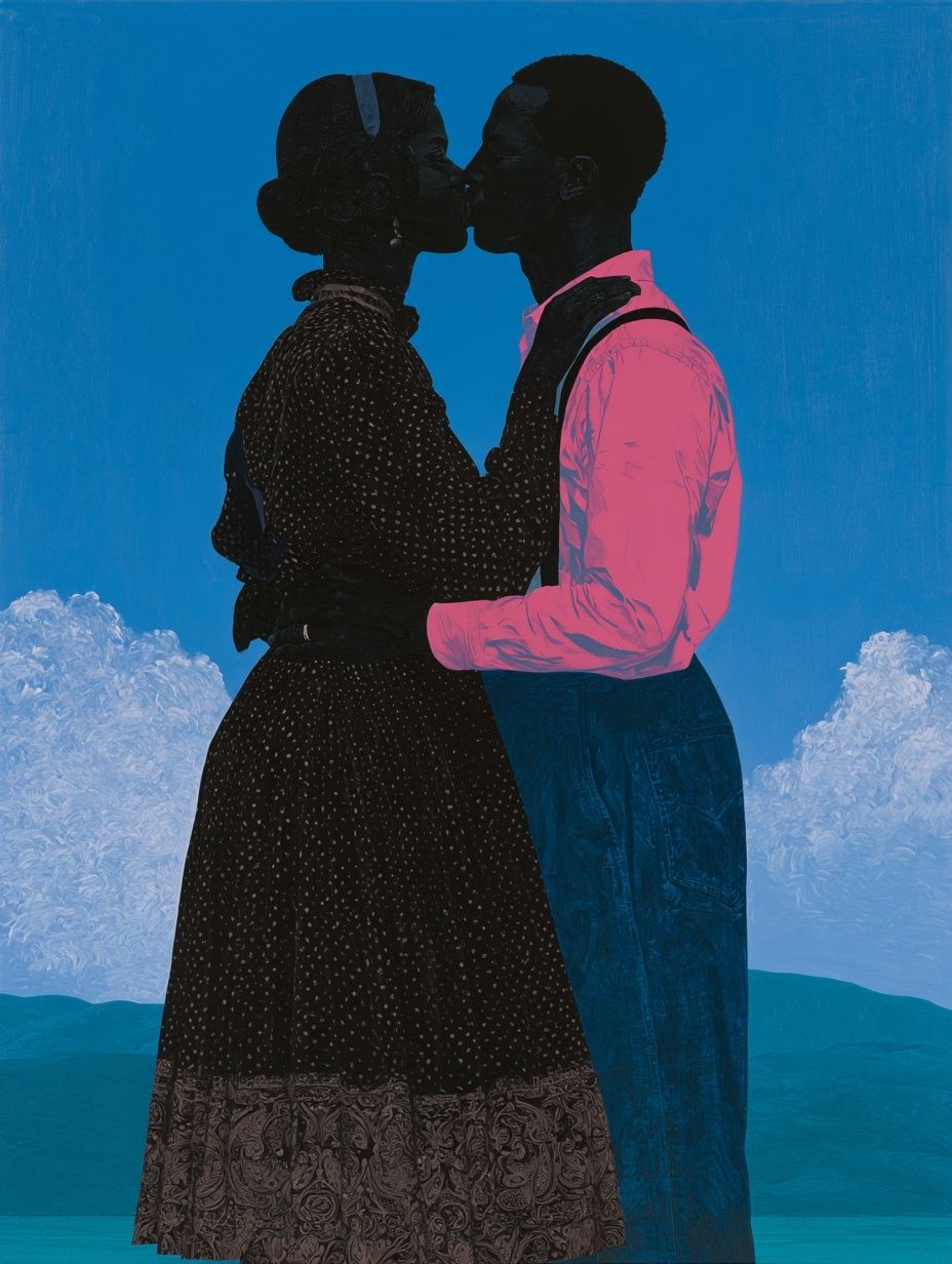 Ein Gemälde des Künstlers Kerry James Marshall von einer jungen Frau und einem Mann, die leidenschaftlich küssen