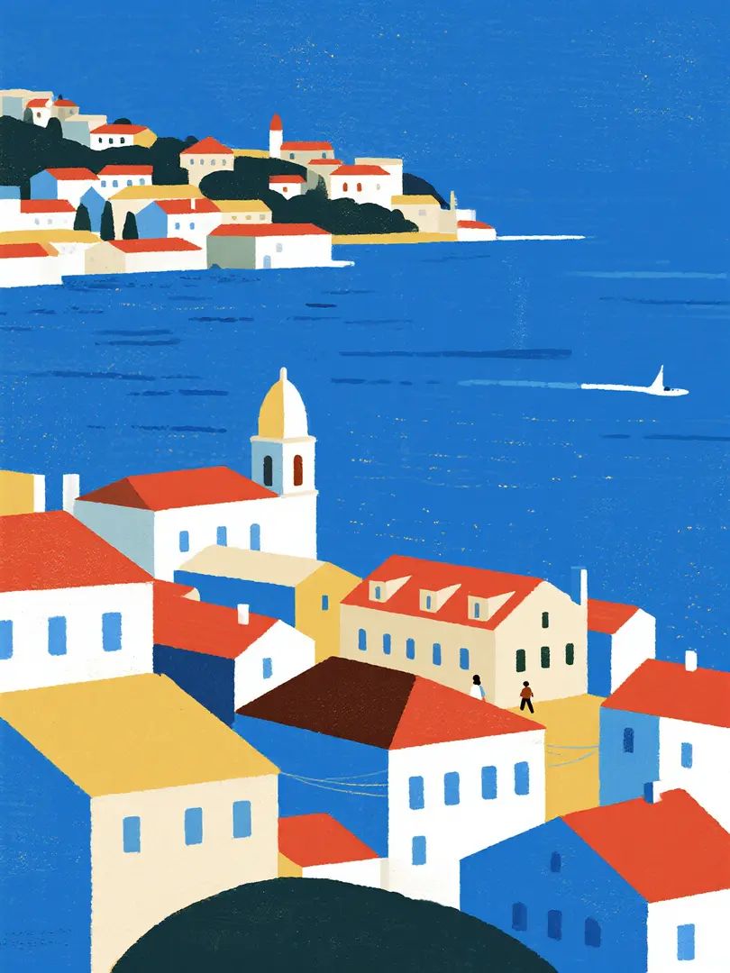 Une illustration minimaliste en aquarelle présente un ciel bleu saphir et des bâtiments colorés