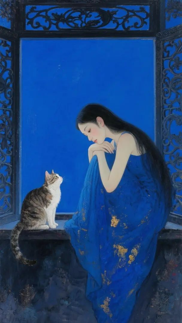 A woman in a blue dress is staring at a cat