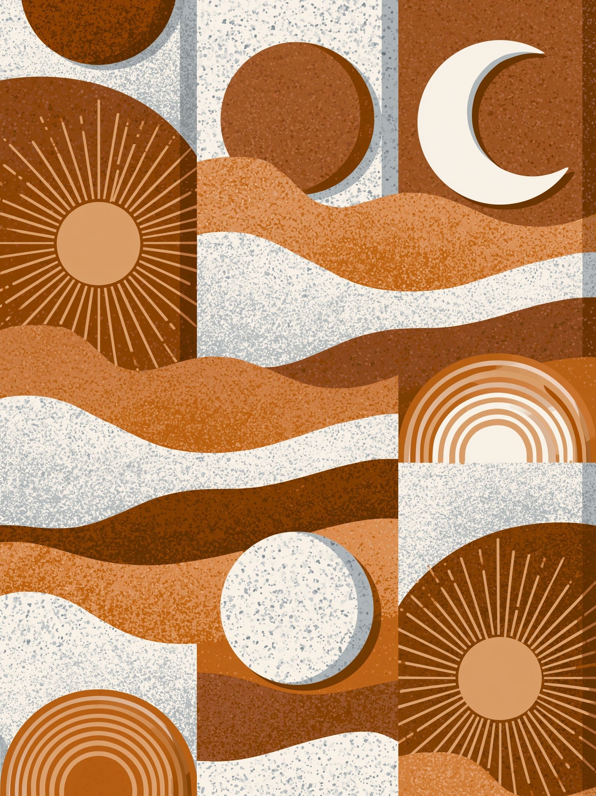Shapes of the sun, moon, and abstract landscapes arranged in a balanced way