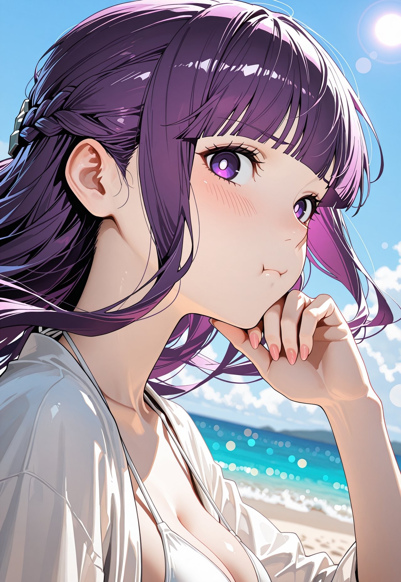 Estilo de ilustração japonesa moderna com um personagem de cabelo roxo profundo contra um fundo de oceano ciano brilhante