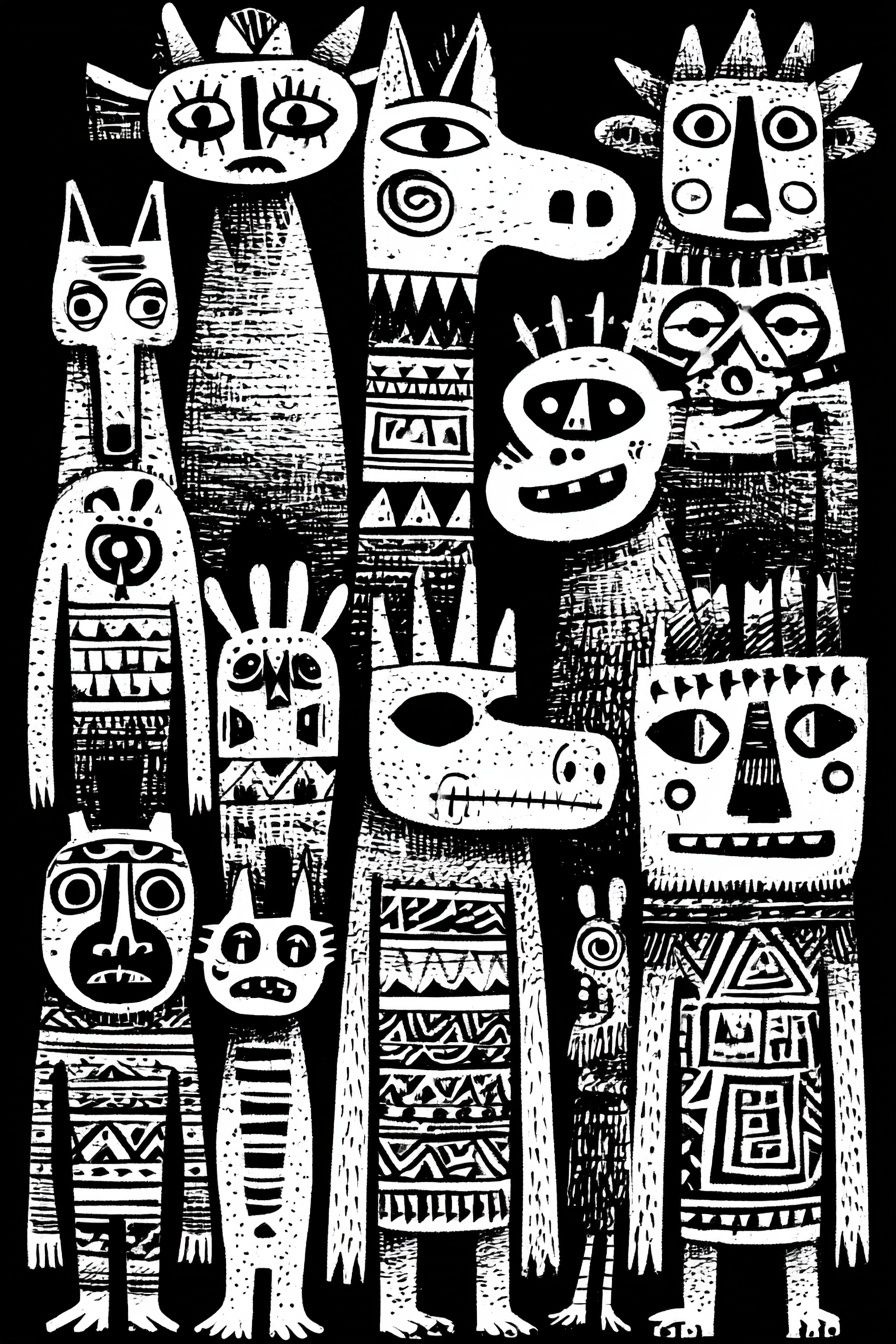 Strange tribal creatures stand on a black background