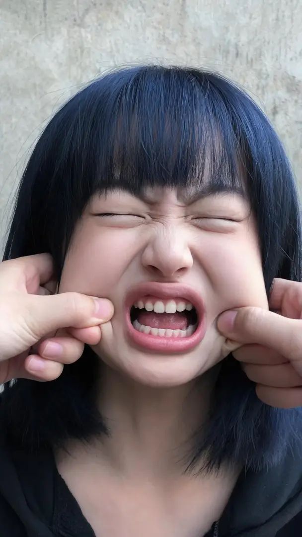 Ein junges chinesisches Mädchen kämpft, während man ihren Mund gewaltsam öffnet